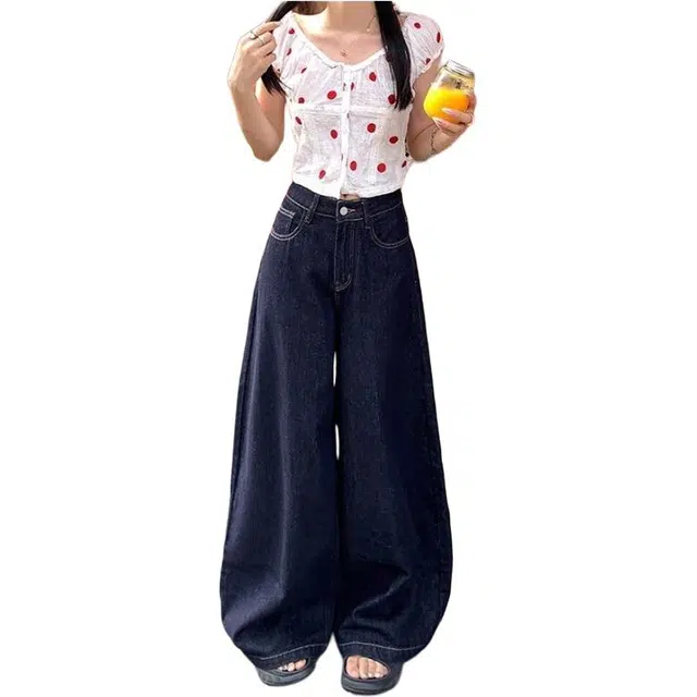 么宁 复古宽松阔腿高腰显瘦垂感拖地直筒裤子牛仔裤 女款