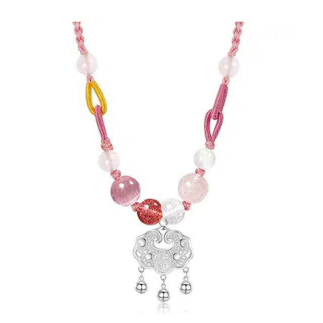 幸囍礼 【原创设计】国风平安锁福字长命锁编绳链 甜美彩色手工编织转运珠 岁岁平安甜美少女感粉色编绳锁骨链 玉髓 玉石项链 女款