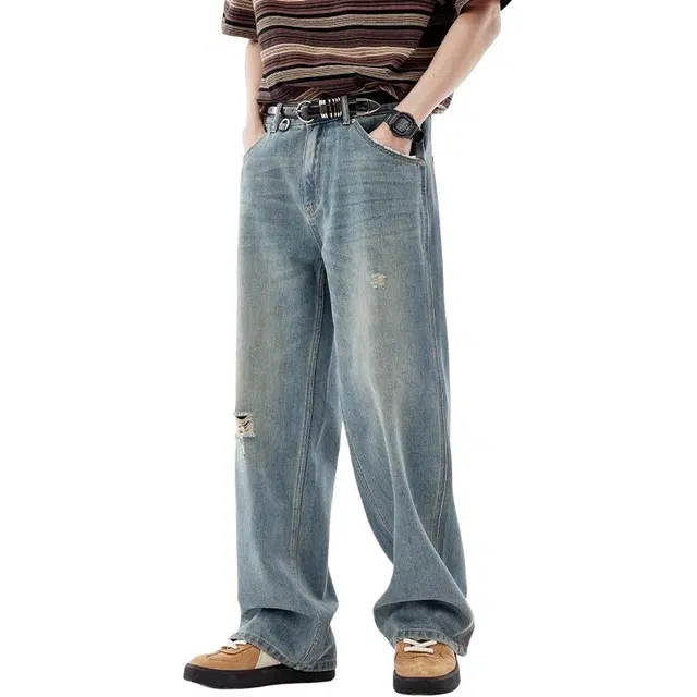 隐狼世家 美式直筒破洞宽松阔腿休闲夏季牛仔裤 男款