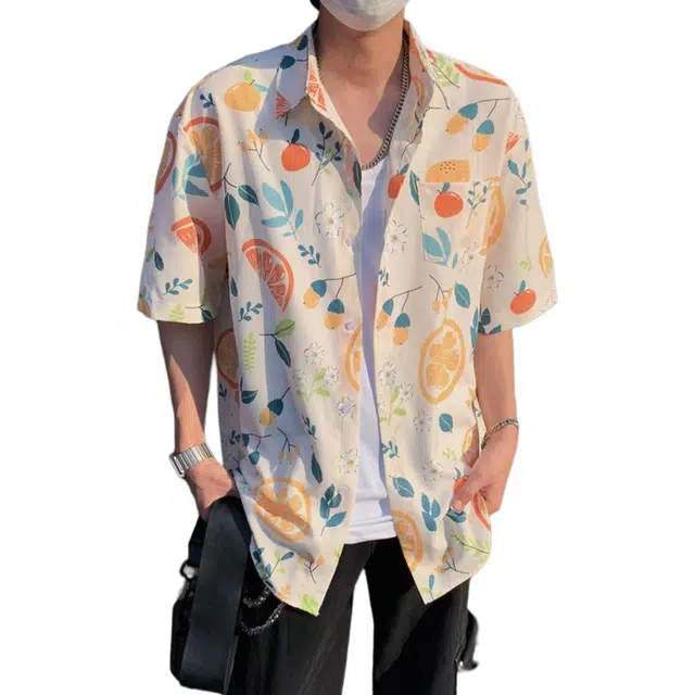 松岚 潮流美式海边沙滩卡通满印创意设计感个性痞帅潮牌夏威夷度假休闲宽松百搭舒适透气薄款凉感短袖花衬衫 男女同款