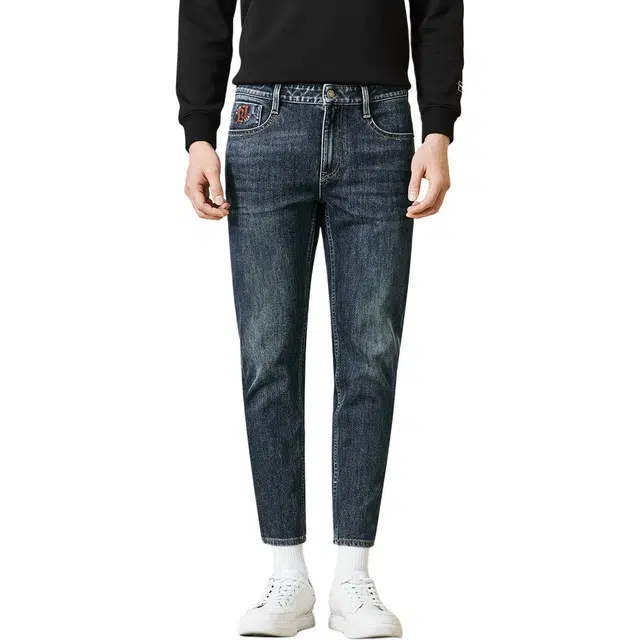 利郎 四面弹抓毛内里保暖九分裤 水洗磨白时尚都市棉款低腰修身极简风百搭牛仔裤 男款 深蓝灰