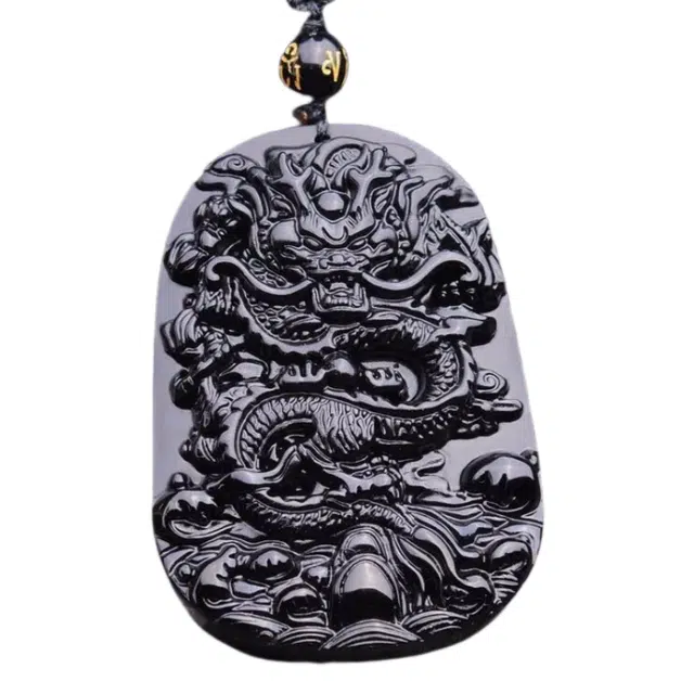 静汝玉 国潮大气生肖龙牌挂件玉佩 黑曜石 项链 男女同款情侣款