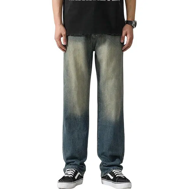 大白鲨 美式高街渐变色直筒百搭阔腿休闲牛仔裤 男款