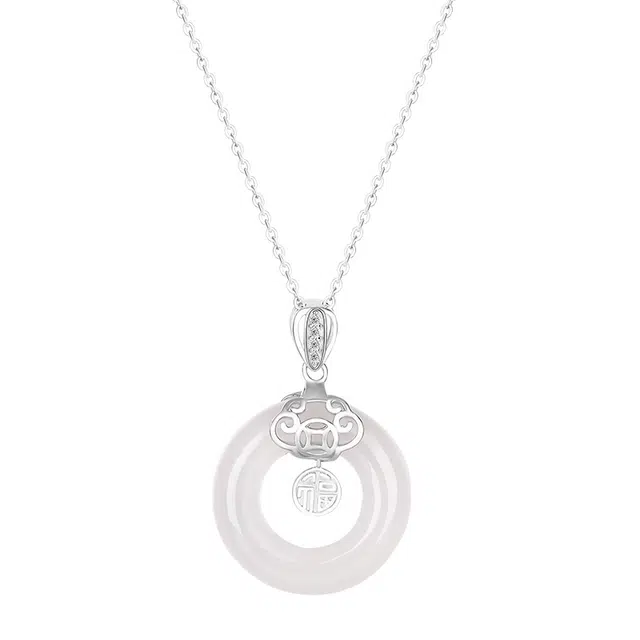 中国珠宝 福牌平安扣 新中式锁骨链优雅气质 玉髓 玉石项链 男女同款情侣款