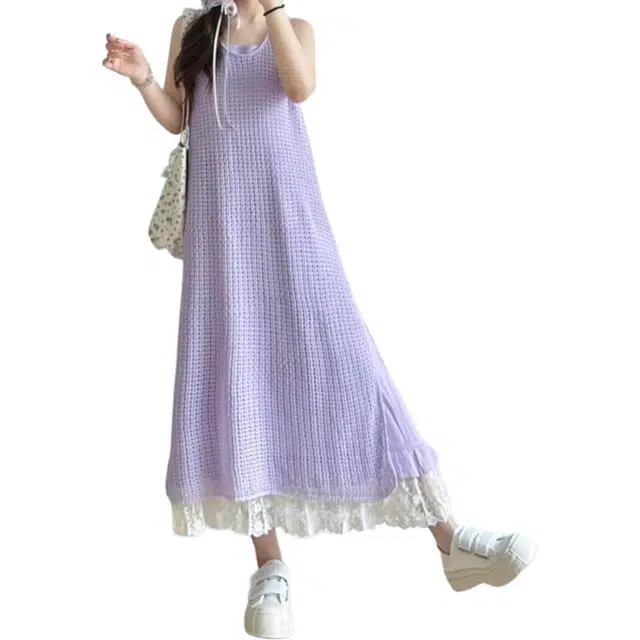 哒头下雨不愁 韩系少女减龄百搭花边拼接无袖背心连衣裙针织镂空罩衫裙装套装 女款