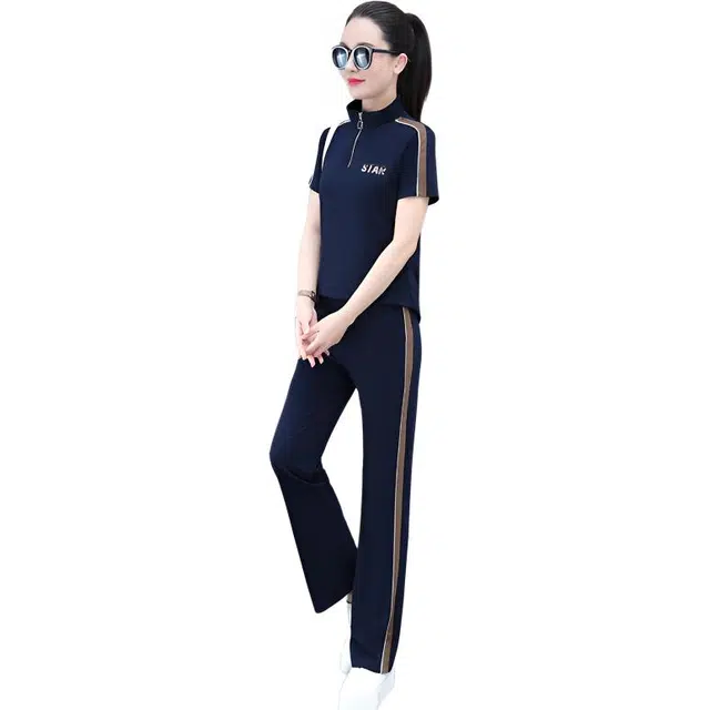 左岸 韩版简约时尚日常潮流纯色字母立领户外通勤修身显高显瘦舒适亲肤柔软透气短袖上衣直筒长裤两件套休闲套装 女款