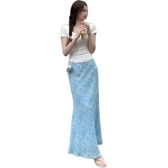 水中花 法式时尚碎花图案鱼尾高腰修身清新百搭休闲长裙 女款