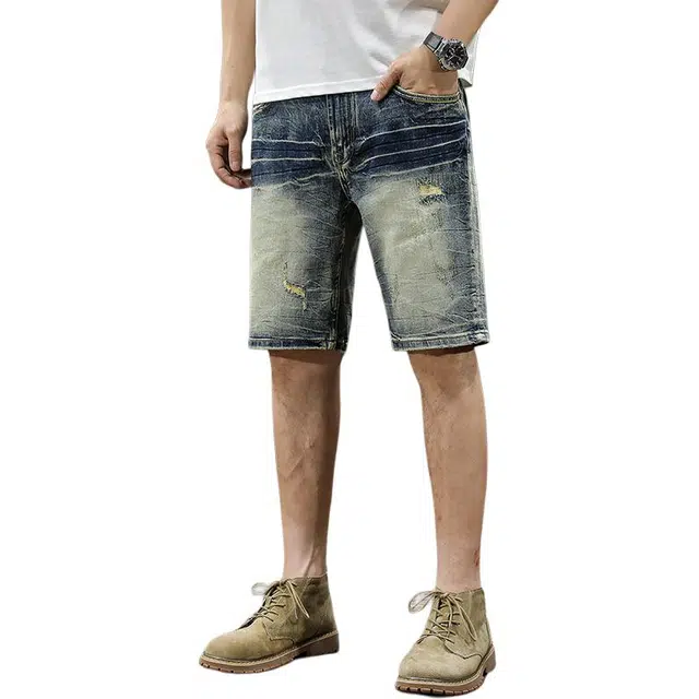前进牛 美式复古刮烂痞帅百搭直筒中裤弹力修身五分裤牛仔短裤 男款