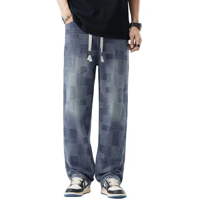 宝米卡 美式复古宽松直筒格子条纹长裤子牛仔裤 男女同款