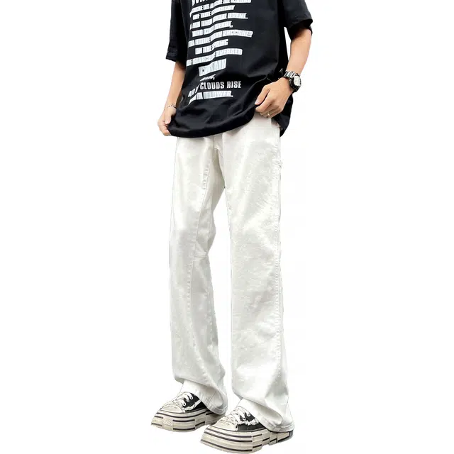 帝狼牛 复古潮流拼接铆钉口袋高街休闲微喇直筒牛仔裤 男女同款