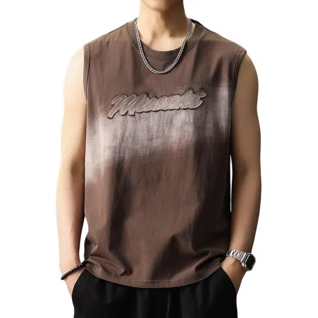 贵色 时尚高端美式髙街渐变水洗潮流薄款凉爽透气潮牌宽松圆领休闲运动速干上衣背心 男女同款