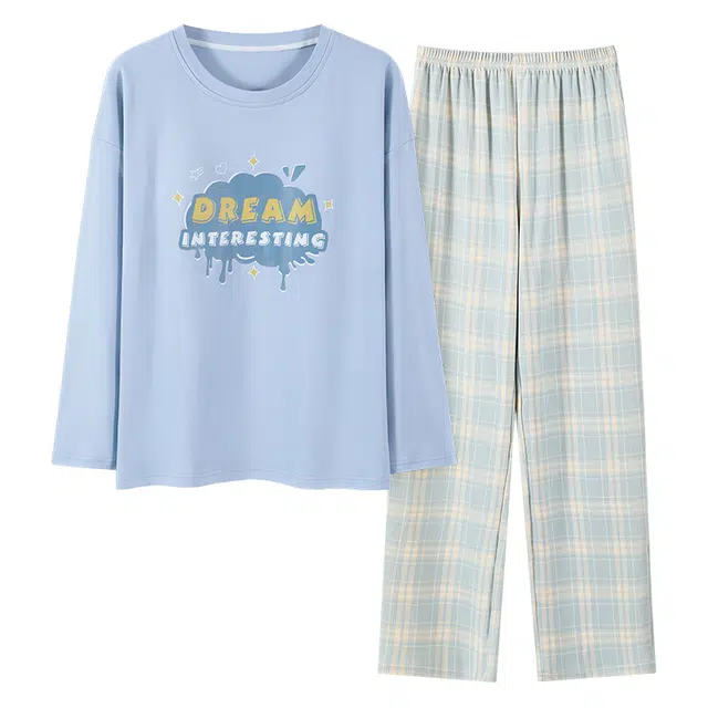 顶瓜瓜 带胸垫简约舒适纯棉可外穿家居服长袖长裤睡衣套装 女款