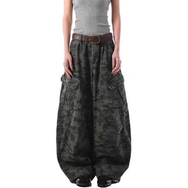 拾个壹先生 美式复古迷彩街头弯刀宽松休闲百搭牛仔裤 男女同款