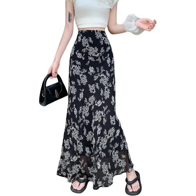 水中花 法式复古时尚高腰显瘦鱼尾花色百搭垂感休闲长裙 女款