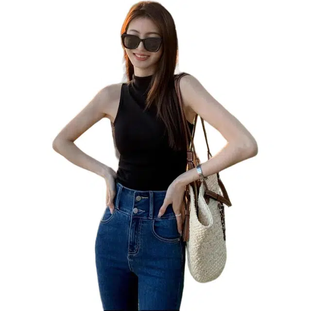 善己 纯色半高领螺纹外穿修身吊带短款气质无袖背心 女款