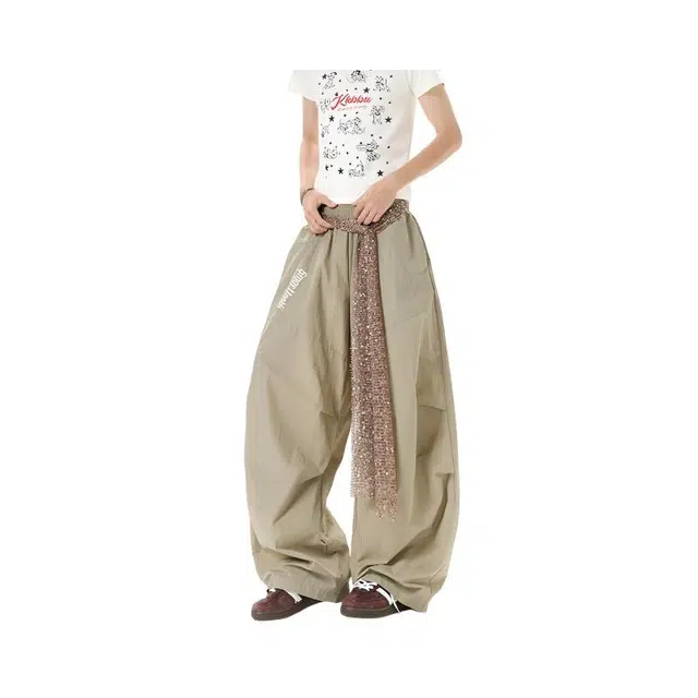零氏 美式潮流复古高街褶皱亮片腰封字母刺绣设计户外运动跳舞日常通勤百搭基础款直筒长裤子阔腿弯刀休闲裤 男女同款