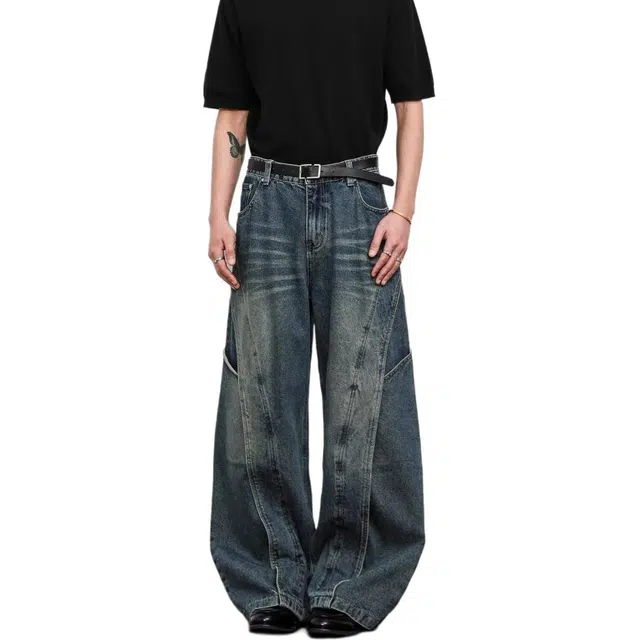 半空山 半空山美式复古重磅立体分割设计高街水洗做旧宽松牛仔裤 男女同款