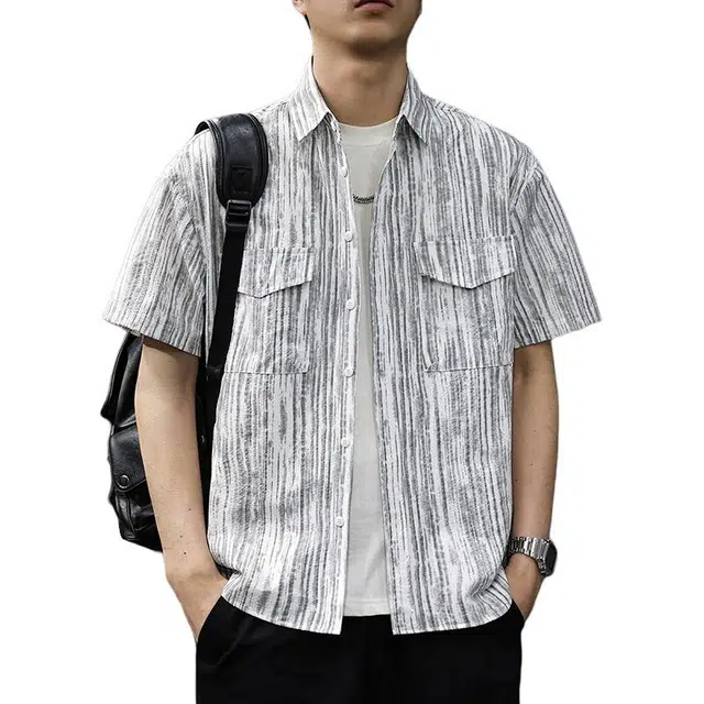 前进牛 夏季肌理感暗纹提花宽松速干户外休闲五分袖短袖衬衫 男女同款