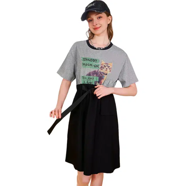 木果果木 动物常规袖圆领街头工装裙宽松腰短袖连衣裙 女款