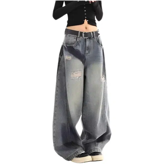 天才小熊 美式复古潮流时尚设计感宽松休闲显瘦水洗破洞阔腿裤牛仔裤 女款