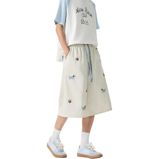 寻星记 美式腊肠小狗刺绣格子拼接运动沙滩卡通图案凉感透气户外通勤百搭宽松痞帅运动七分休闲短裤 男女同款