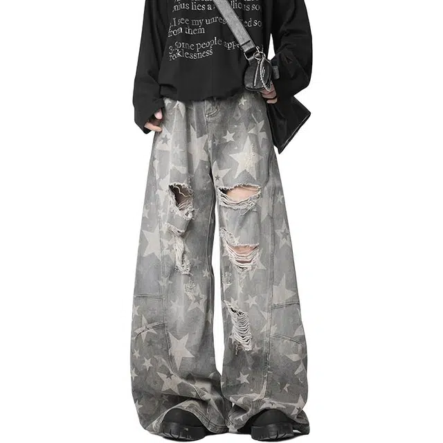 佐菲利 美式星星满印破洞高街设计感弯刀裤子复古宽松阔腿长裤牛仔裤 男女同款