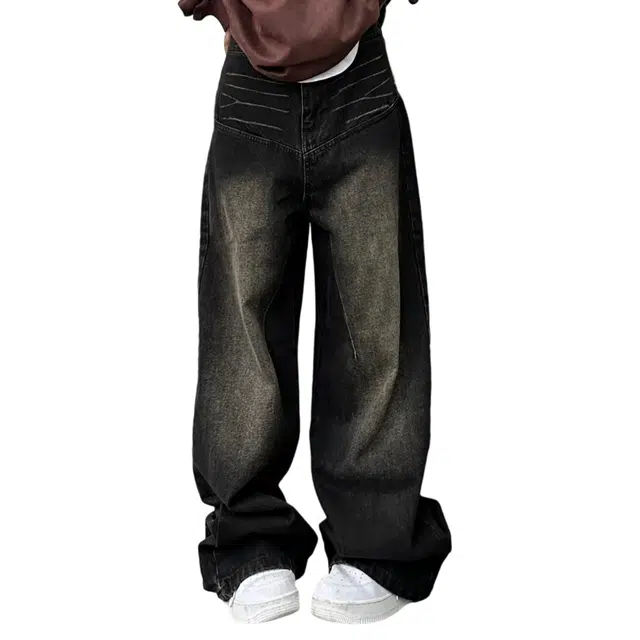 冈哉 美式高街渐变抓痕拼接褶皱设计时尚废土风高级感复古做旧宽松直筒牛仔裤 男女同款