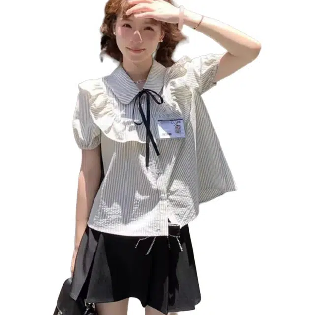 花蔓色 学院风甜美气质短袖衬衣荷叶边泡泡袖两件套裙装套装 女款