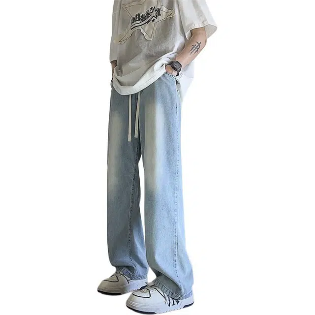 顶峰保罗 美式高街垂感休闲宽松潮流百搭高级感牛仔裤 男女同款 浅蓝色