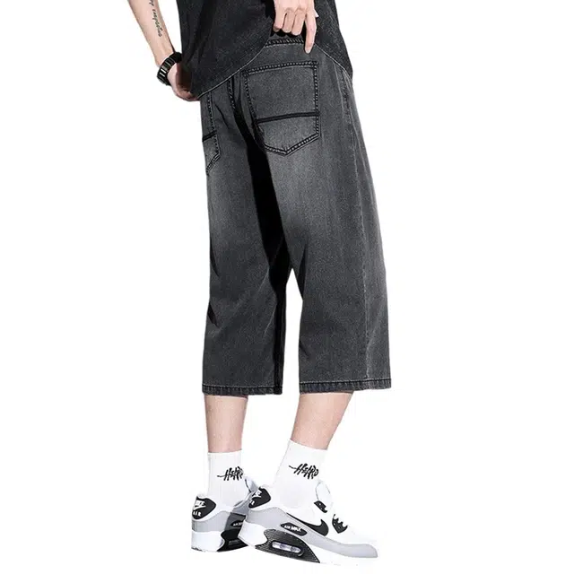 顶峰保罗 直筒宽松休闲痞帅七分裤薄款无性别主义大码松紧腰弹力纯色运动牛仔短裤 男女同款