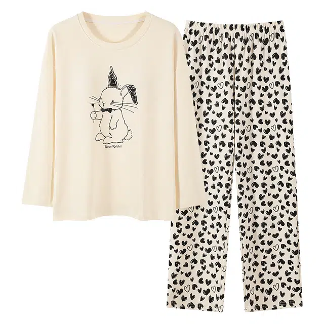 顶瓜瓜 小兔子图案简约舒适纯棉面料可外穿家居服睡衣套装 女款