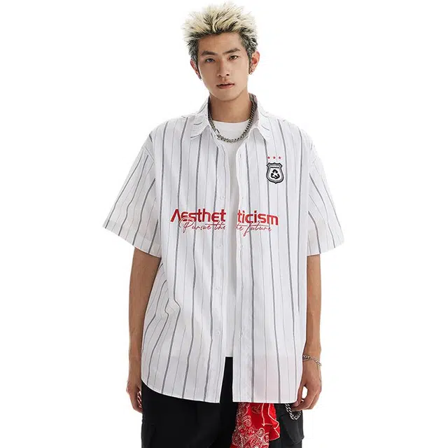 佐菲利 美式印花条纹潮牌高级感痞帅衬衣小众设计防晒短袖衬衫 男女同款