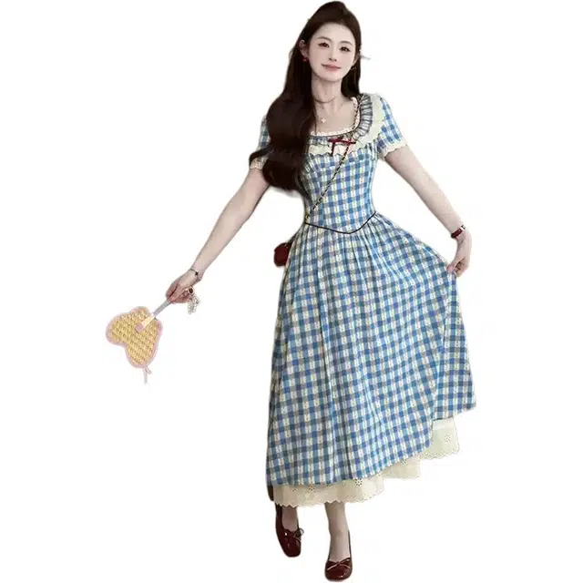 沐晓欣 度假风格子泡泡袖花苞裙女夏季甜美收腰气质高级格纹裙子短袖连衣裙 女款