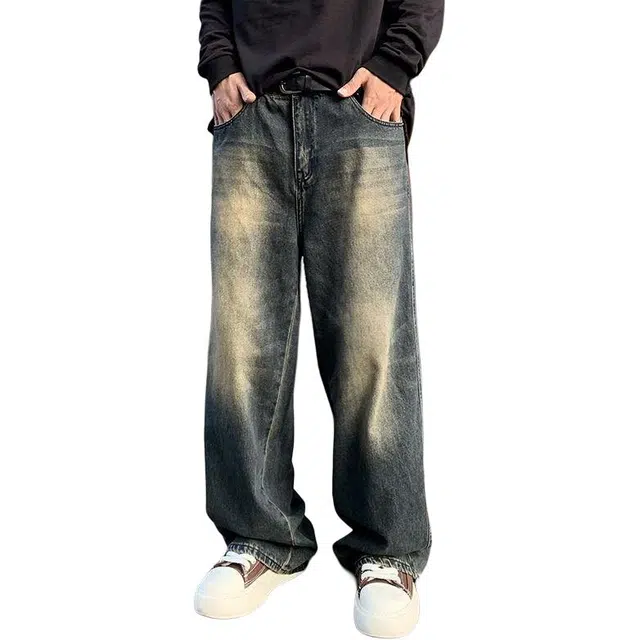 宝米卡 美式高街复古做旧直筒牛仔裤 男女同款 黑幻蓝