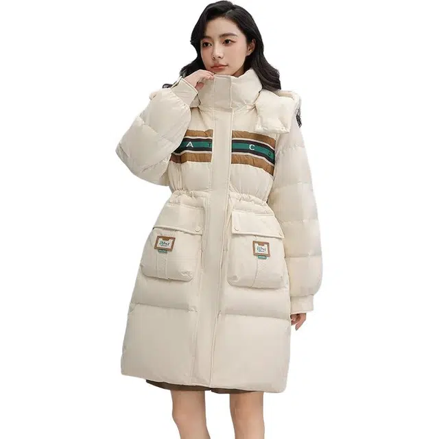 鸭鸭 时尚撞色拼接连帽可拆卸拉链长款加厚潮流百搭保暖通勤羽绒服 女款