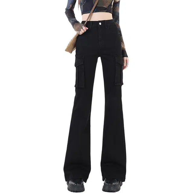 如续 美式复古高腰弹力微喇修身显瘦百搭工装裤 女款