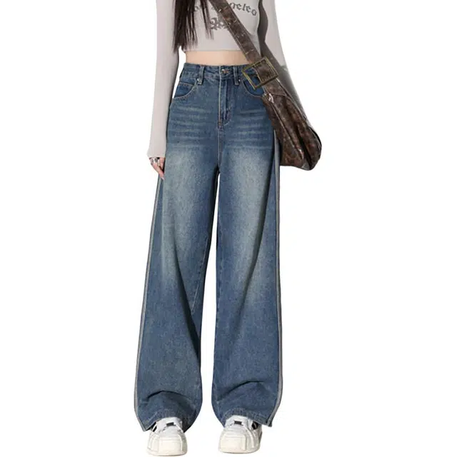 如续 美式复古做旧高街侧条纹宽松拖地阔腿裤女潮牛仔裤 女款