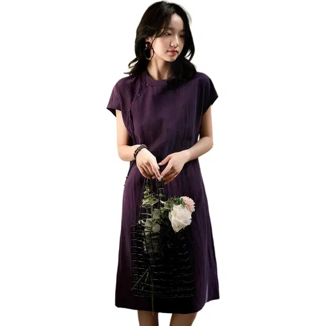 水中花 新中式国风优雅改良旗袍复古时尚设计显瘦短袖连衣裙 女款