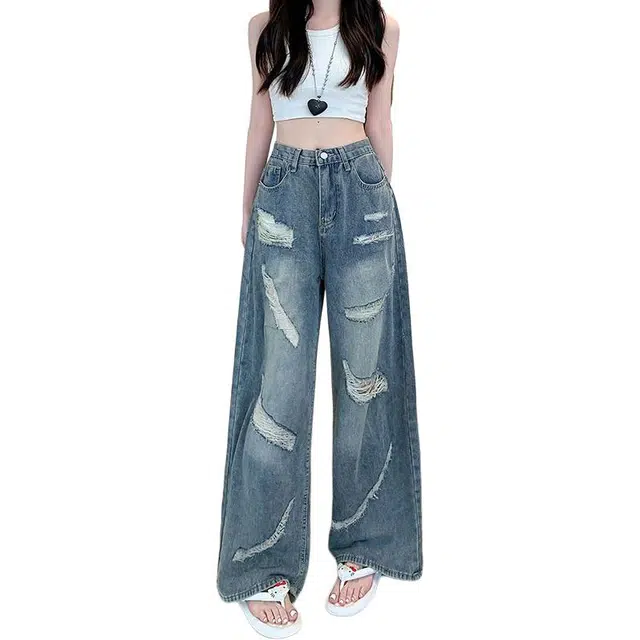 柏黛妃 破洞设计感蕾丝拼接阔腿牛仔裤 女款