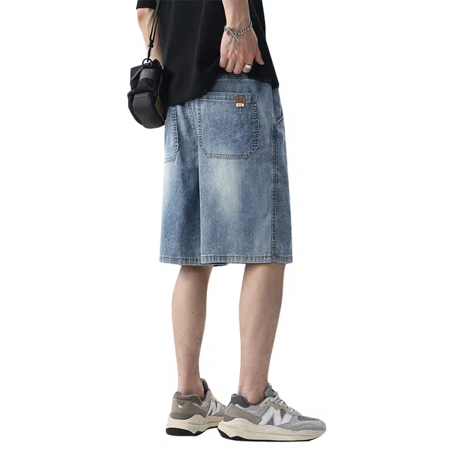 协协乐 夏季薄款美式复古宽松直筒运动休闲五分中裤牛仔短裤 男款