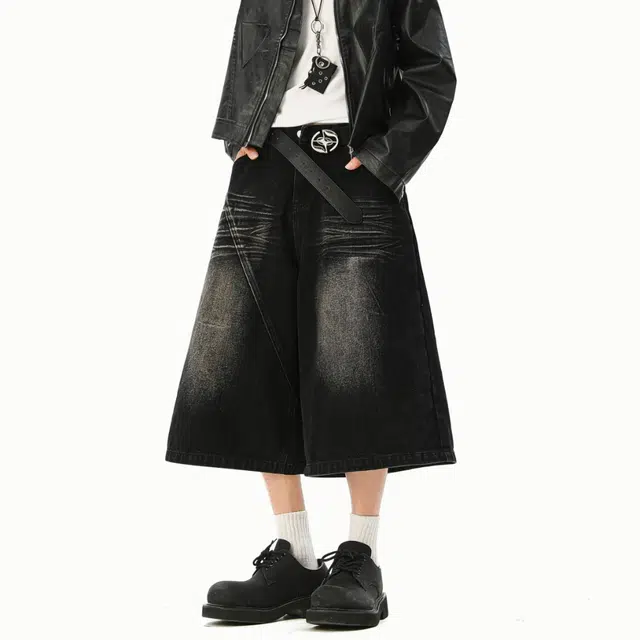 颂希尔 美式阔腿七分裤宽松水洗做旧牛仔短裤 男女同款