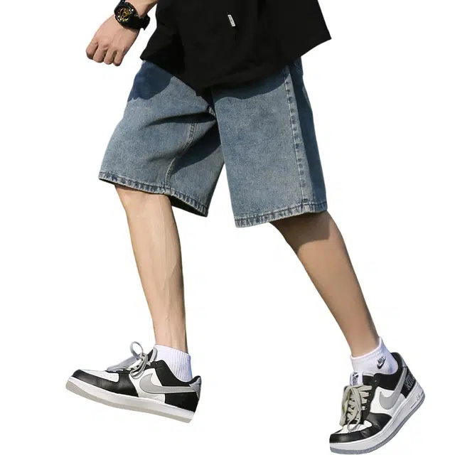 顶峰保罗 无性别主义美式高街潮牌潮复古水洗做旧直筒五分中裤垂感设计感百搭牛仔短裤 男女同款