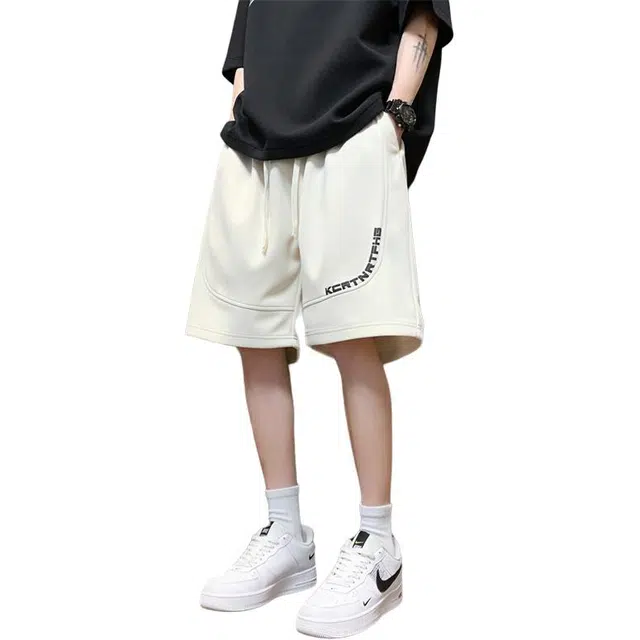 顶峰保罗 美式复古字母印花直筒五分裤纯色简约凉感透气宽松舒适小众百搭运动阔腿休闲短裤 男女同款