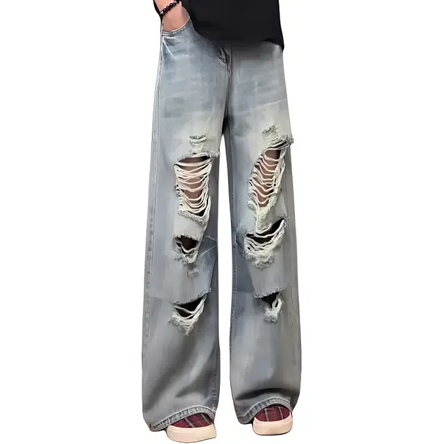 单爵 美式高街破洞夏薄款潮牌痞帅阔腿弯刀裤子宽松直筒乞丐裤牛仔裤 男女同款