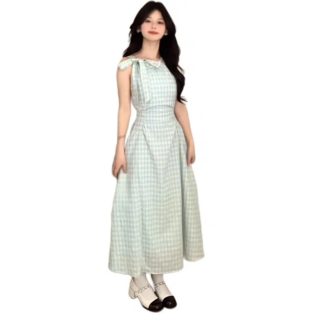 黛尔佳人 格纹挂脖气质法式吊带连衣裙 女款