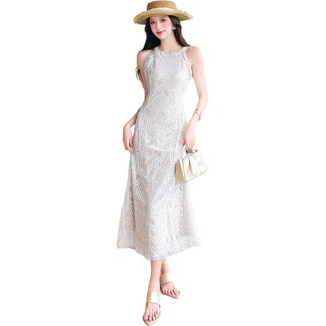 水中花 蕾丝设计感气质长裙子无袖连衣裙 女款