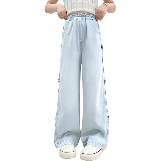 泰迪珍藏牛仔裤 时尚潮流洋气舒适宽松纯色长裤 浅蓝色 儿童款