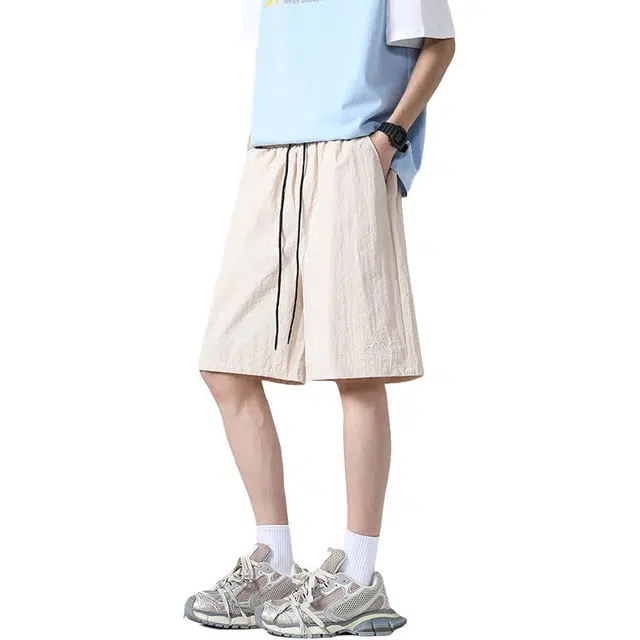 八哥 美式夏季复古高街风纯色基础款松紧系带五分裤宽松舒适时尚百搭透气凉感休闲短裤 男女同款