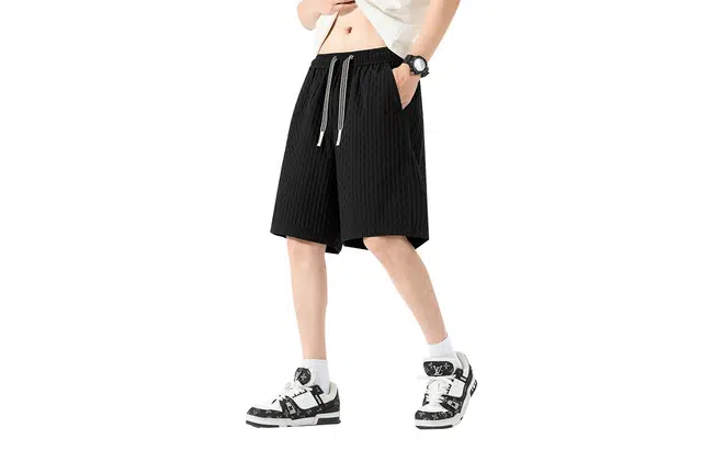 绘承 纯色基础款泡泡纹理宽松系带直筒简约五分休闲短裤 男女同款