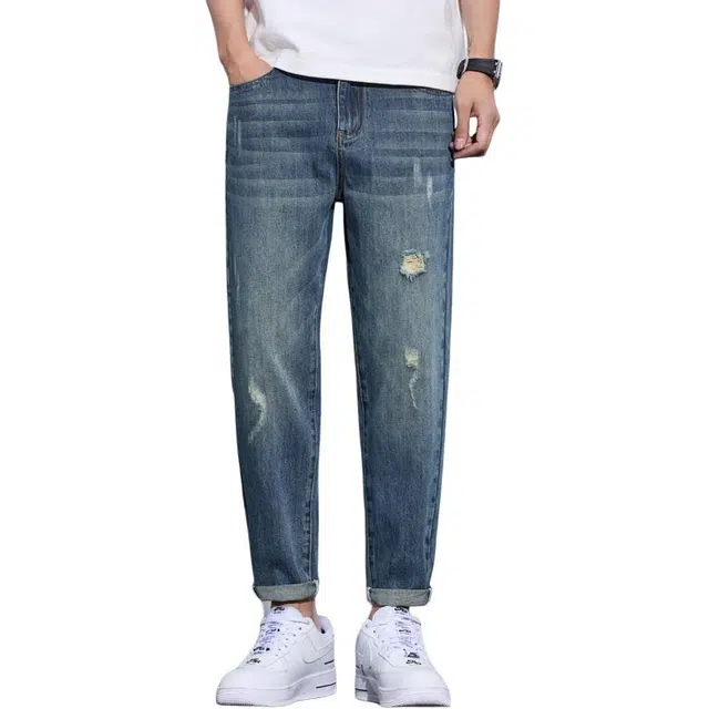 协协乐 破洞锥形裤薄款九分凉感透气宽松哈伦美式高街复古水洗百搭休闲牛仔裤 男款